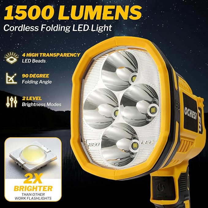 Cordless LED work light compatible with DeWalt 20V MAX Battery, 1500LM Handheld Spotlight with 550 Yard Distance, Flashing mode and Pivoting Head for Workshop, Camping, Jobsites (Battery Not Included)
