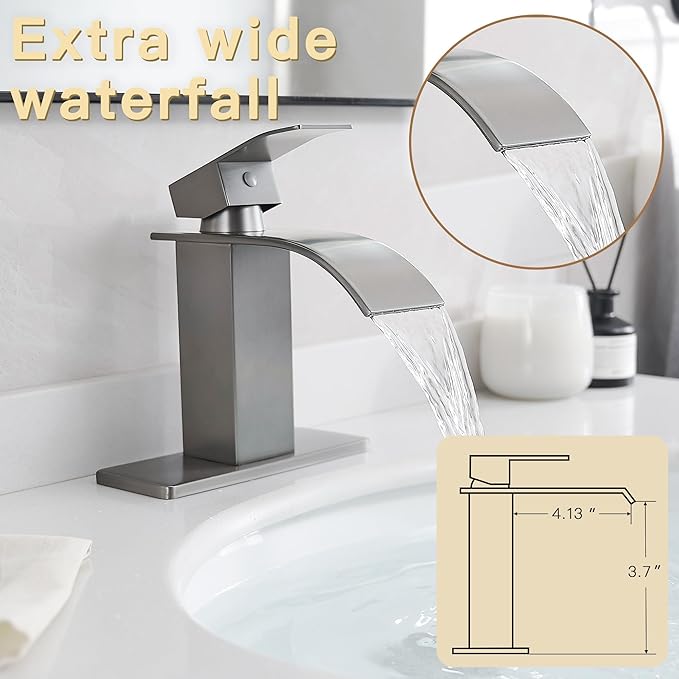 FRANSITON Brushed Grey Waterfall Bathroom Faucet Lavatory Single Handle 1 or 3 Hole Bathroom Sink Faucet with Deck and Pop-up Drain (Brushed Grey, Short)