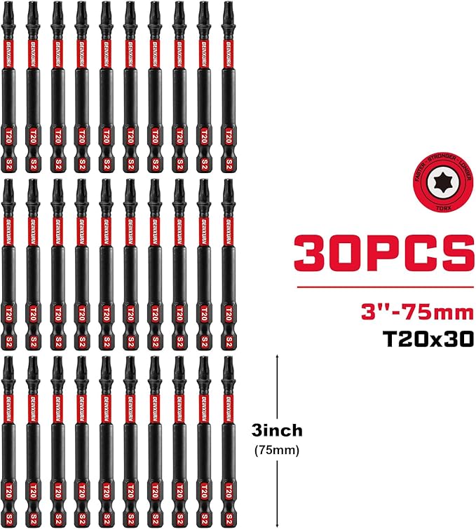 30Pieces T20 3 In. Insert Driver Bits,Impact Tough Magnetic #20 Torx Head Power Bits, S2 Alloy Steel T20 Screwdriver Bit Set