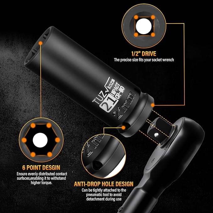 4 Pieces 1/2 inch Drive Deep Impact Socket Set,Metric,17mm 19mm 21mm 22mm,Cr-Mo,6-Point,Spindle Axle Nut Impact Socket