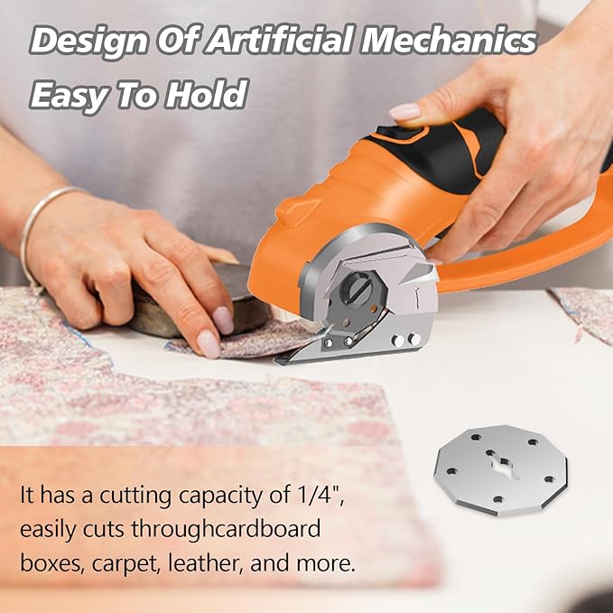 Cordless Electric Scissors, 4V Rechargeable Box Cutter & Cardboard Cutter with Titanium Blade, LED Light, Safety Lock - Rotary Cutter for Fabric, Leather, Carpet, Plastic, Crafting, Sewing(Orange)