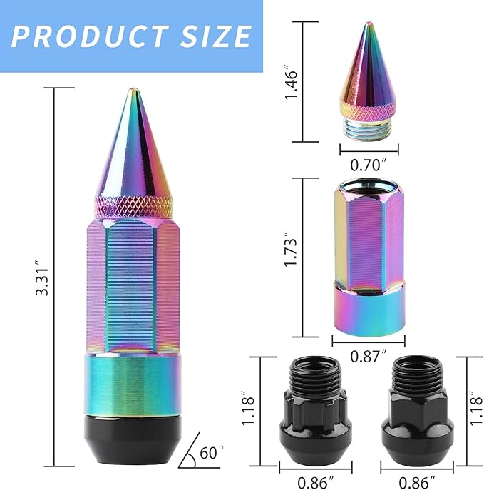 20Pcs Anti Theft Spiked Extended Tuner Wheel/Rims Lug Nut M12X1.5+Socket (Neo Chrome)