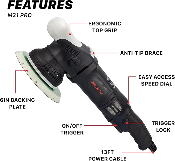Maxshine M21 Pro Dual Action Polisher ??21 mm Long Throw, 1000 W Power, 6??Backing Plate, Variable Speed 2,200??,000 OPM, Low Vibration Grip ??Professional Car & Marine Paint Correction Buffer