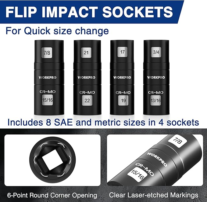 WORKPRO 5PCS Impact Socket Set 1/2" Drive, Lug Nut Socket Set, Wheel Socket Set Cr-Mo Steel, Includes 1PC 3" Extension Bar & 4PSC Flip Sockets of 6 Metric and SAE Sizes