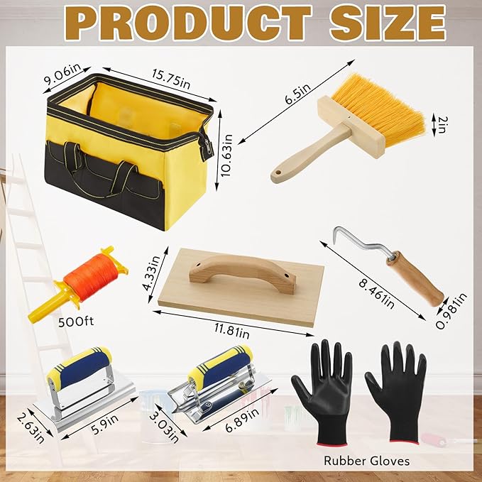 18 Pcs Masonry Hand Tool Set in Tool Bag Includes 6 Pcs Trowel Set Wooden Sanding Board Stainless Steel Putty Knife Brush Rebar Hook Masonry Kit Rubber Gloves Construction Wire (Yellow)