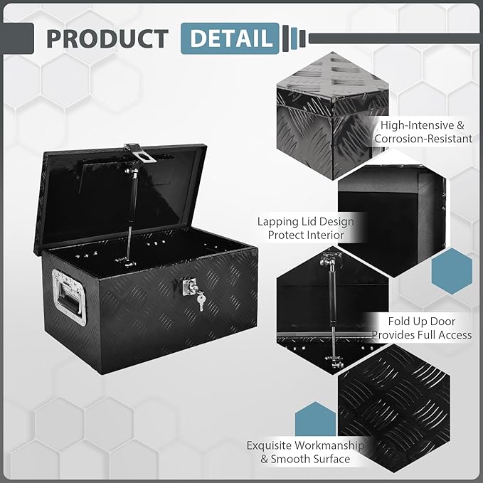 20 Inch Aluminum Truck Bed Tool Box, 5 Bar Tread Truck Tool Box with Lock&Keys, Heavy Duty Waterproof Flatbed tool box for Vans, Trailers, RVS竊똖rucks, Black(20"X12"X9.5")