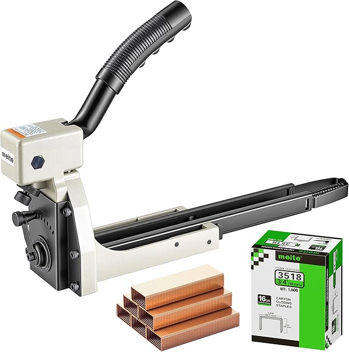 meite Box Stapler HB3518 Manual Carton Closer with 16 Gauge 3/4" Leg Carton Closing Staples(1,600pcs) for Corrugated Case Packaging, Accepts 1-3/8" Crown 3/4" Leg Staples, No Air Needed