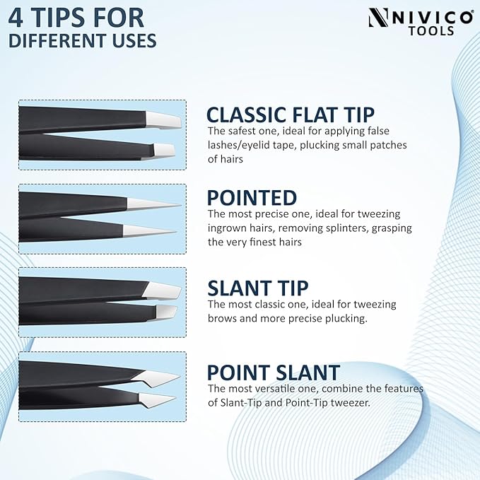 NIVICO Tweezers Set with Leather Pouch – Professional Stainless Steel Tweezers for Eyebrows Precision Facial Ingrown Hair Removal (Black)