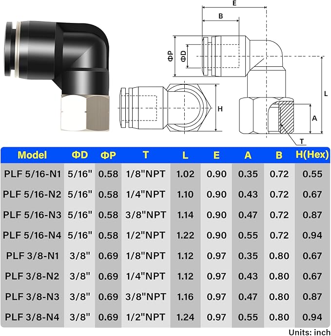 TAILONZ PNEUMATIC Female Elbow 5/16 Inch Tube OD x 1/8 Inch NPT Thread 90 Push to Connect Fittings PLF-5/16-N1 (Pack of 2)