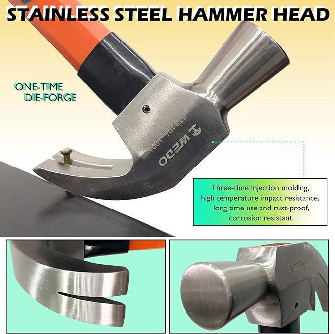 WEDO Claw Hammer with Fiberglass Handle,16oz Stainless Steel Framing Hammer,Length 300mm(12"),Shock Resistant,Corrosion Resistant,Rust Proof, Die-forged