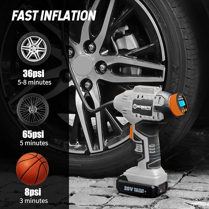WORKSITE Cordless Tire Inflator Air Compressor,Portable Handheld Air Pump,Battery Powered Car Tire Pump with 12V Car Power Adapter Digital Pressure Gauge for Cars Motorcycles, Gray