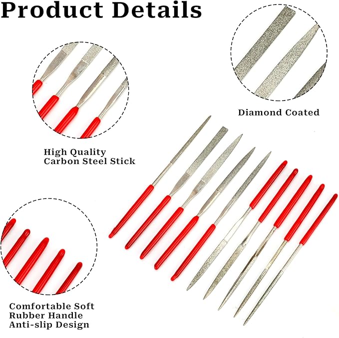 KALIONE 10Pcs Diamond Needle File Set, Model Files Mini Metal File Diamond File Set, Metal File Set Hand Tools, Miniature and Model Files, Small File Jewelry Stone Carving Tools(2x100mm)