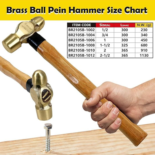 WEDO Brass Ball Peen Hammer 24 oz(1-1/2lb), Ball Pein Hammer with Wooden Handle, Length 310mm(12"), Die-Forged, Corrosion Resistant, DIN Standard