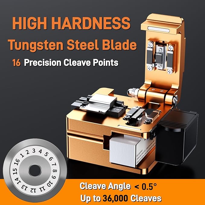 Professional Fiber Cleaver with 16-Port High Precision Blade | 48,000 Cleaves Capacity & Auto Scrap Collection | FTTH Fiber Optic Cutter for 0.25/0.9/3.0mm Cables
