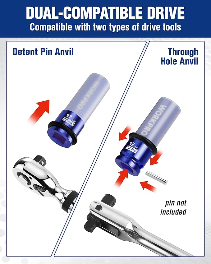 WORKPRO 1/2" Drive Lug Nut Impact Duty Socket, 17mm Deep Thin Wall Socket, Made of Premium Cr-Mo Steel, Non-Marring Lug Nut Wheel Sockets for Car