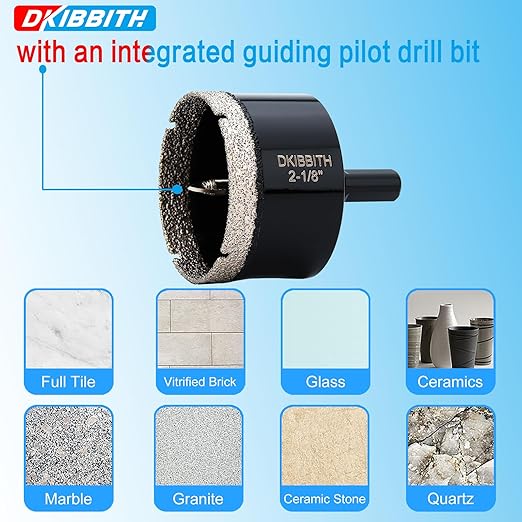 2-1/8" Diamond Hole-Saw Bits with Pilot Drill Bit - 2pc 2-1/8 in Diamond Tipped Tile Hole Saws with Guiding Bit for Accurate Drilling, for Porcelain Tile Ceramic Pots Granite Stone Glass Bottles 55mm.