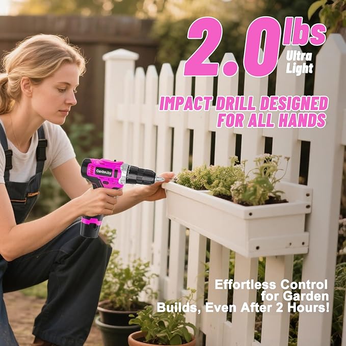 GardenJoy Cordless Power Drill Set: 12V Electric Drill with Battery and Charger, 65pcs Acessories, 3/8"Keyless Chuck, 2 Variable Speed, 24+1 Position, Compact Drill Driver Kit for Home & DIY Project