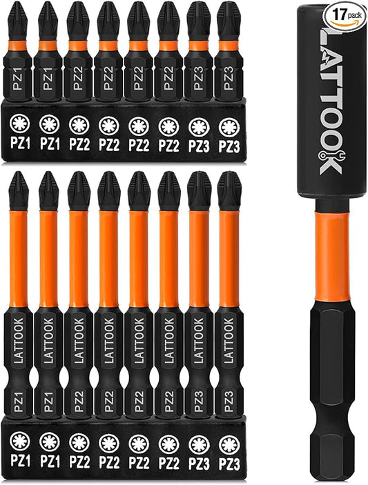 Impact Pozidriv Bit Set, LATTOOK 17PCS Anti Slip PZ2 Pozi Bit Set, Magnetic S2 Steel Pozidriv Screwdriver, PZ1, PZ2, PZ3