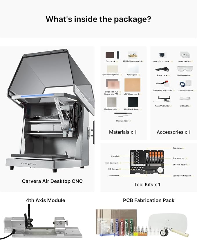 Carvera Air Desktop CNC Machine with 4th Axis and PCB Fabrication Pack, Compact Enclosed Mini CNC Router Mill, Quick Tool Changer Closed-Loop Control, User-Friendly CAM Milling,Cutting, DIY, Crafts