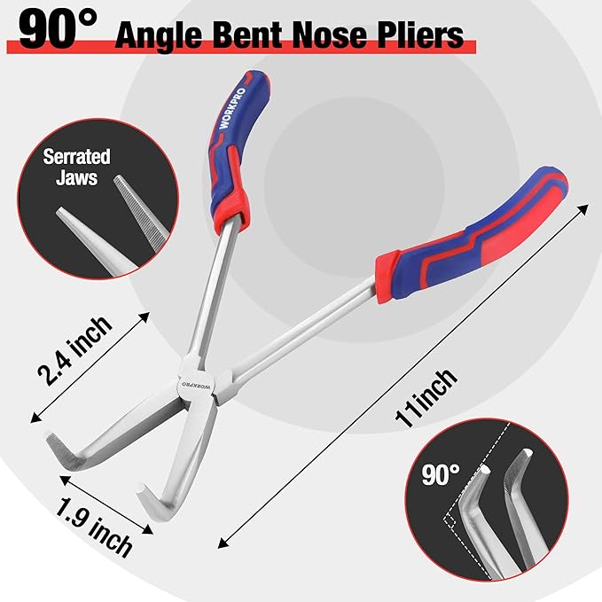 WORKPRO 3PC Long Reach Pliers Set, 11 Inch Extra Long Needle Nose Plier Set Includes Straight, 90째 & 45째 Bent Nose Plier, Pliers Tool Set for Narrow Spaces