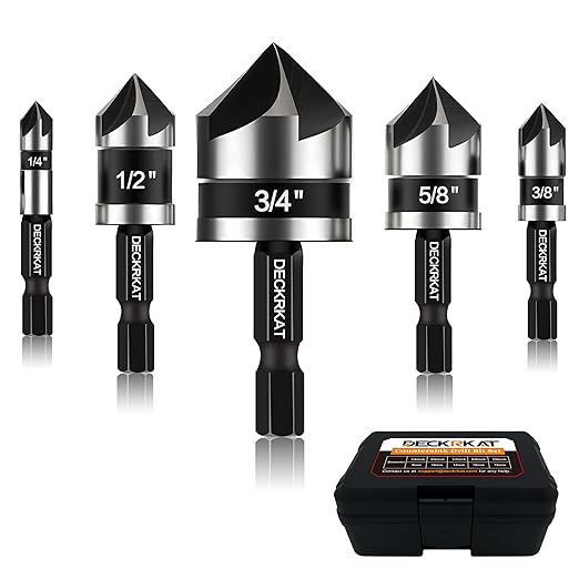 5 Pcs Countersink Drill Bit Set, 82 Degree, 5Flute with 1/4??Quick Change Hex Shank, Sizes 1/4??to 3/4??for Metal, Wood & Plastic, Ideal for Carpentry, Metalwork, Plastic Fabrication