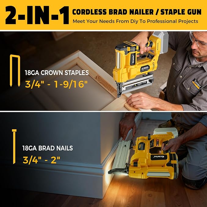 Cordless 2" Brad Nailer Compatible with DeWalt 20V Battery(No Battery), Ecarke 2 in 1 Electric Nail Gun Staple Gun with 18GA Nails/Staples, Battery Power Nail Gun for Trim Wood Crafting Home Carpentry