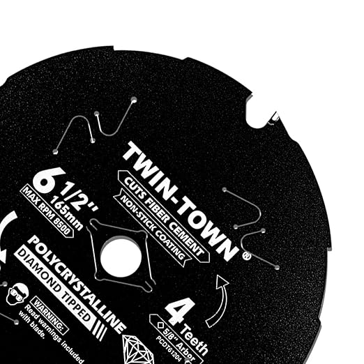 TWIN-TOWN PCDT61204 6-1/2 Inch 4 Tooth Polycrystalline Diamond Tipped (PCD) Hardie Fiber Cement Saw Blade with 5/8 Inch Arbor