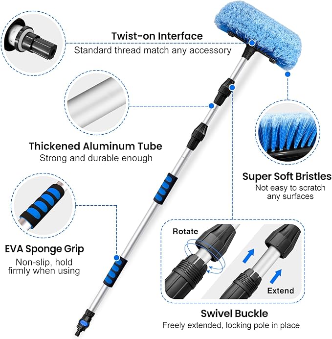 5-12 Foot (20ft Reach) Car Wash Brush with 12-Inch Soft Bristle, On/Off Switch Telescopic Car Truck Boat Washing Brush with Hose Attachment for Cleaning RVs, House Siding, Floors and More!