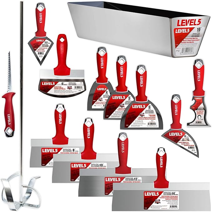 LEVEL5 Deluxe Drywall Hand Tool Set | Taping Knives, Joint Knives, Bucket Scoop, Mud Pan, Mixer, Jab Saw | Stainless Steel Blades, Soft Grip Handles | Sheetrock Gyprock Plasterboard | 5-609