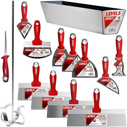 LEVEL5 Deluxe Drywall Hand Tool Set | Taping Knives, Joint Knives, Bucket Scoop, Mud Pan, Mixer, Jab Saw | Stainless Steel Blades, Soft Grip Handles | Sheetrock Gyprock Plasterboard | 5-609