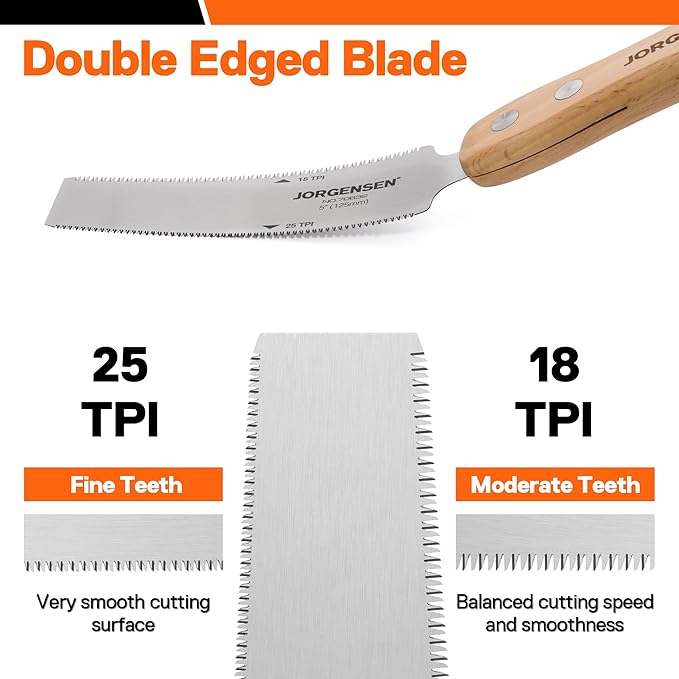 JORGENSEN Japanese Flush Cut Saw, 5 Inch Beech Handle Pull Saw, SK5 Flexible Double Edge Blade, 18/25 TPI Japanese Handsaw for Hardwood & Softwood Woodworking, Cutting, Trim Flush