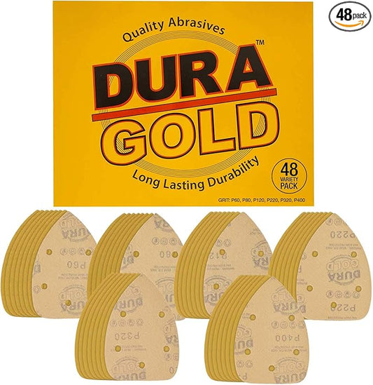 Dura-Gold Premium Mouse Detail Sander Sandpaper, 48 Assorted Grit Sanding Sheets - 60, 80, 120, 220, 320, 400-5 Hole Pattern Hook & Loop Triangle Mouse Discs - Woodworking Wood Crafting, Auto Paint