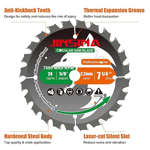 7-1/4” Circular Saw Blade for Wood, 24T TCT Cutting Blade, Fine Finish Crosscut Angled Bevels Framing Ripping for Plywood, Melamine, Oak, Pine, Laminate, Chipboard, 5/8"
