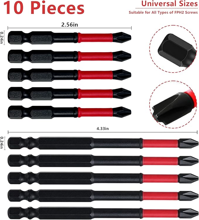 FPH2 Impact Screwdriver Bit Set ??65mm & 110mm Slotted & Cross Head, 1/4 Inch Hex Shank, Magnetic Tips, CNC Precision, Durable Electrician & DIY Drill Bits (10pcs)
