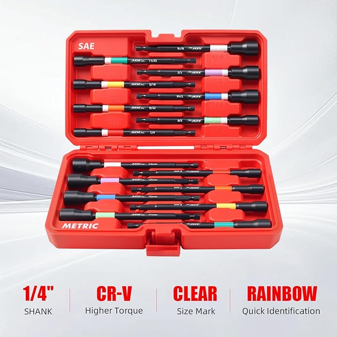 Nut Driver Set, Color-Coded Magnetic Nut Driver Set, 16 PCS Nut Drivers, 6 Inch, 1/4" Hex Shank, SAE & Metric, Extra Long, Nut driver set for Impact Drill with Storage Case
