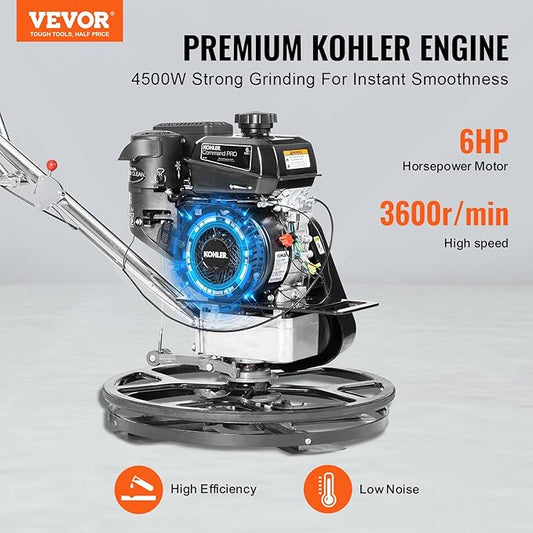 VEVOR Power Trowel, 24??Walk-Behind Cement Trowel with Float Pan, 6HP Gas-Powered Smooth Concrete Surface Finisher, Heavy Duty Commercial Screed Concrete Cement with Finishing Blade