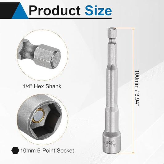 HARFINGTON 5pcs Nut Driver Drill Bit 10mm Metric Socket 1/4" Hex Shank 3.94" (100mm) Long Magnetic 6-Point Sockets Quick Change CR-V Steel Bolt Setters for Power Drill Drivers