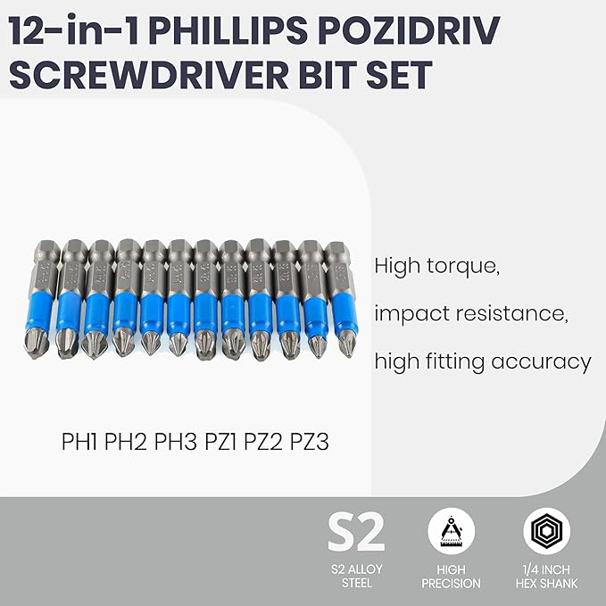Anti Slip Phillips Cross Slot Pozidriv Screwdriver Bit Set 12PCS 1/4 Inch Hex Shank 2 Inch/50 mm Length S2 Steel with Magnetic for Power Screwdriver Drill Impact Driver Tool Accessory