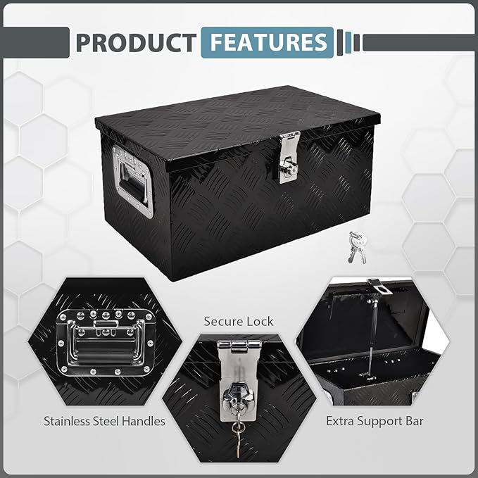 20 Inch Aluminum Truck Bed Tool Box, 5 Bar Tread Truck Tool Box with Lock&Keys, Heavy Duty Waterproof Flatbed tool box for Vans, Trailers, RVS竊똖rucks, Black(20"X12"X9.5")