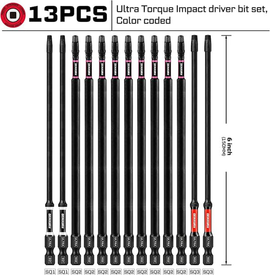 Double Impact #1#2#3 Square Screwdriver Bits Set, 13pcs 6??(PH1/PH2/PH3) Magnetic D2 Steel Long Extension Driver Bits Set with Color Coded Base