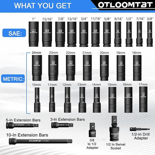 32PCS 1/2" Drive Impact Socket Set - Heavy Duty Industrial-Grade Deep Sockets, Metric/SAE Full Set with Extension Bar, Cr-V Steel Corrosion-Resistant Coating & Premium Storage Case