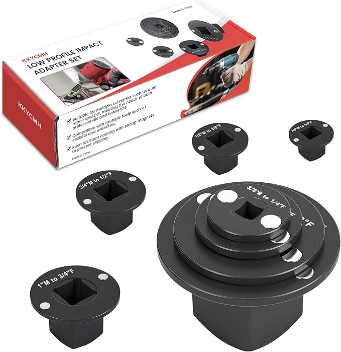 4PCS Thin Wall Impact Adapter Set ??Made of Cr-Mo steel, includes 3/4"-1", 1/2"-3/4", 1/2"-3/8", 1/4"-3/8". Magnetic compact design, ideal for tight spaces and ratchet drives.