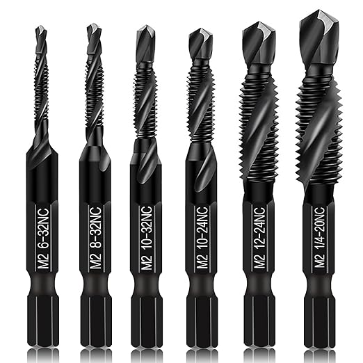 Upgraded 6-Pack Combination Drill & Taps Bit Set SAE - 6542 M2 HSS Steel with Anti-Rust Black Coating, 6-32NC 8-32NC 10-32NC 10-24NC 12-24NC 1/4-20NC Drill Tap Countersink Bits, 1/4??Hex Shank