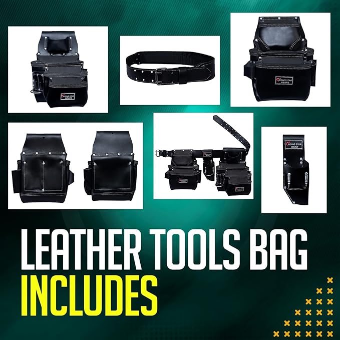 Rising Star 18-Pocket Heavy Duty Leather Tool Belt – Oil-Tanned Utility Tool Pouch with Hammer Holder, Adjustable Waist Tool Bag for Carpenters, Electricians, Construction Workers