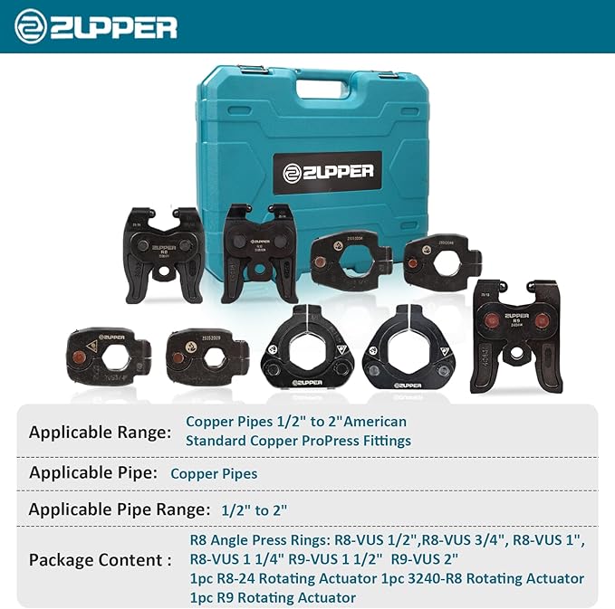 ZUPPER 6PCS Copper Press Rings 1/2" to 2", 3Pcs Rotating Adaptors R8-24, R8-3240 and R9 Suit for Narrow,Angled Installation Areas Compatible with Compact and Standard Press Tools