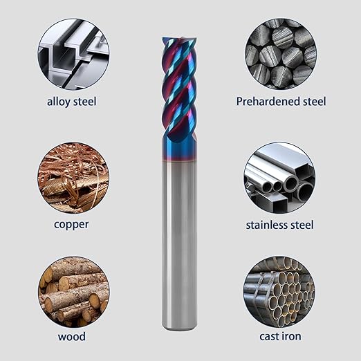 1/4" 4 Flute Square End Mill, AITiSiN Coated, HRC65 Hardness for Stainless Steel, Cast Iron, Hardened Steel, 3/4" Cutting Length, 2-1/2" Overall Length