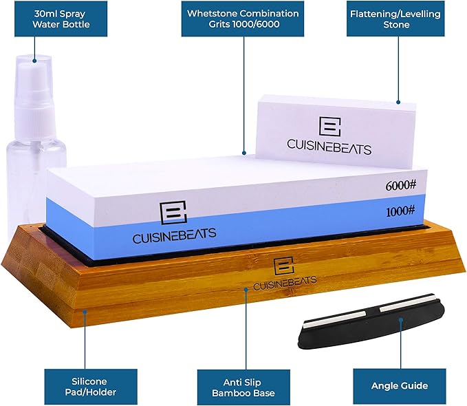 Whetstone 1000/6000 Kitchen Knife Sharpening Stone Set- Whetstone Knife Sharpener Stone 1000/6000 Kit- Waterstone 1000/6000 - Water Stone - Wet Stone - Whet Stone for Sharpening; Polishing Knives