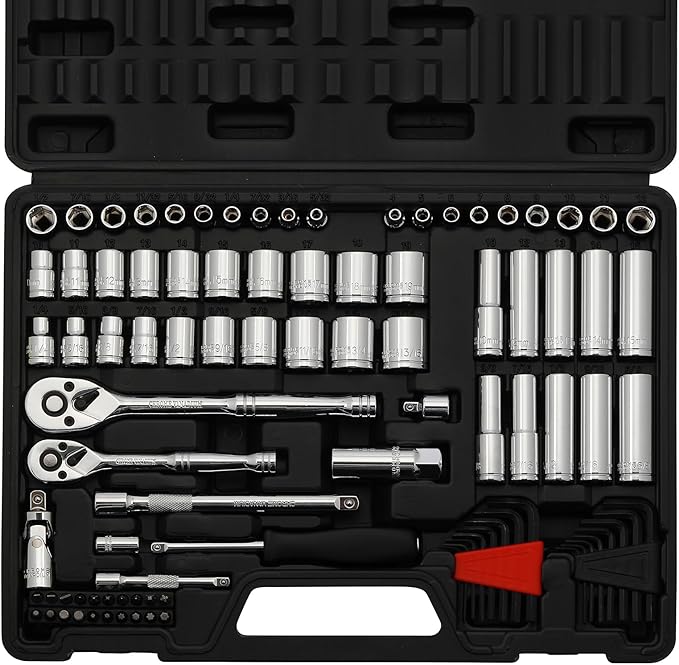 EMENTOL 94PCS 1/4" and 3/8" Drive Master Socket Set, CR-V, SAE/Metric Mechanic Tool Set with Ratchet, Bits, Extension Bars, Universal Joint, Adapter, Hex Keys