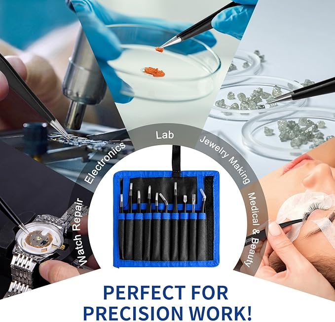 Precision Tweezers Set, XOOL 10 PCS ESD Tweezers Set, Anti-Static Stainless Steel Tweezers Kit, Multi-standard Stainless Steel Tweezers for Lab, Electronics, Jewelry and Detailed Work