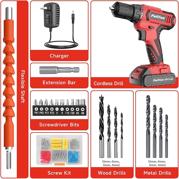 PULITUO Cordless Drill Set, 20V Electric Power Drill with Battery And Charger, 30N.m and 21+1 Torque, 2 Variable Speeds, with 59pcs Drill Driver Bits Kit, Screws Set竊?Red)